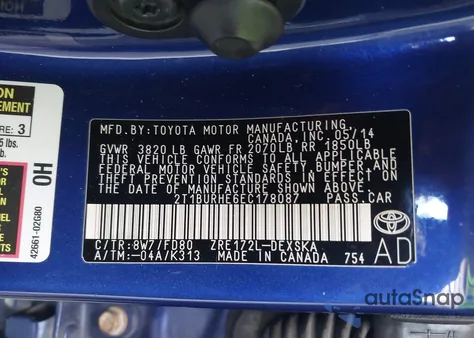 2014 Toyota Corolla S Plus из США, поврежденный, VIN 2T1BURHE6EC178087